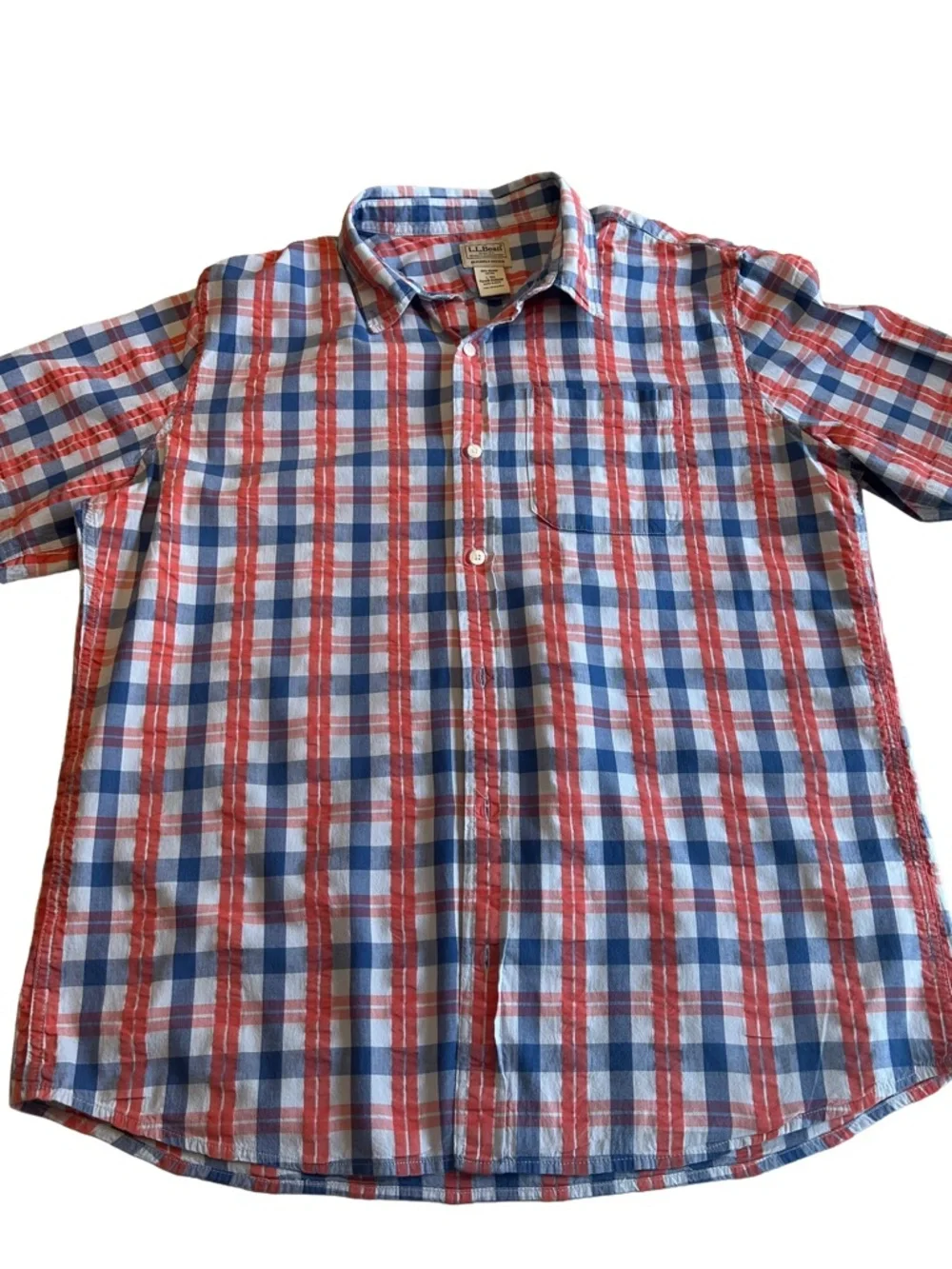 L.L. Bean Red, Blue & White Short Sleeve Plaid Cotton Button-Down Shirt. Size L - Picture 4 of 11